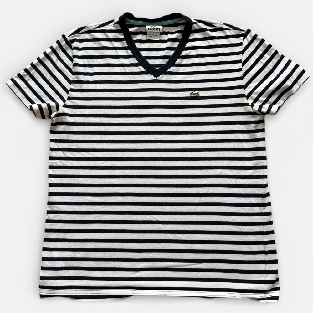 Lacoste Navy and White Striped V‑Neck Tee